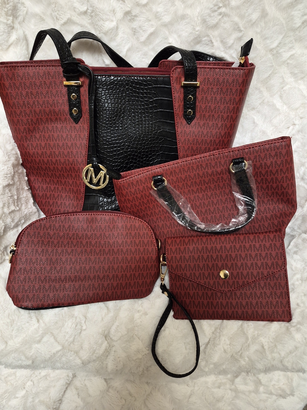 Monogram Red and Black 4-Piece Tote Set with Wristlet